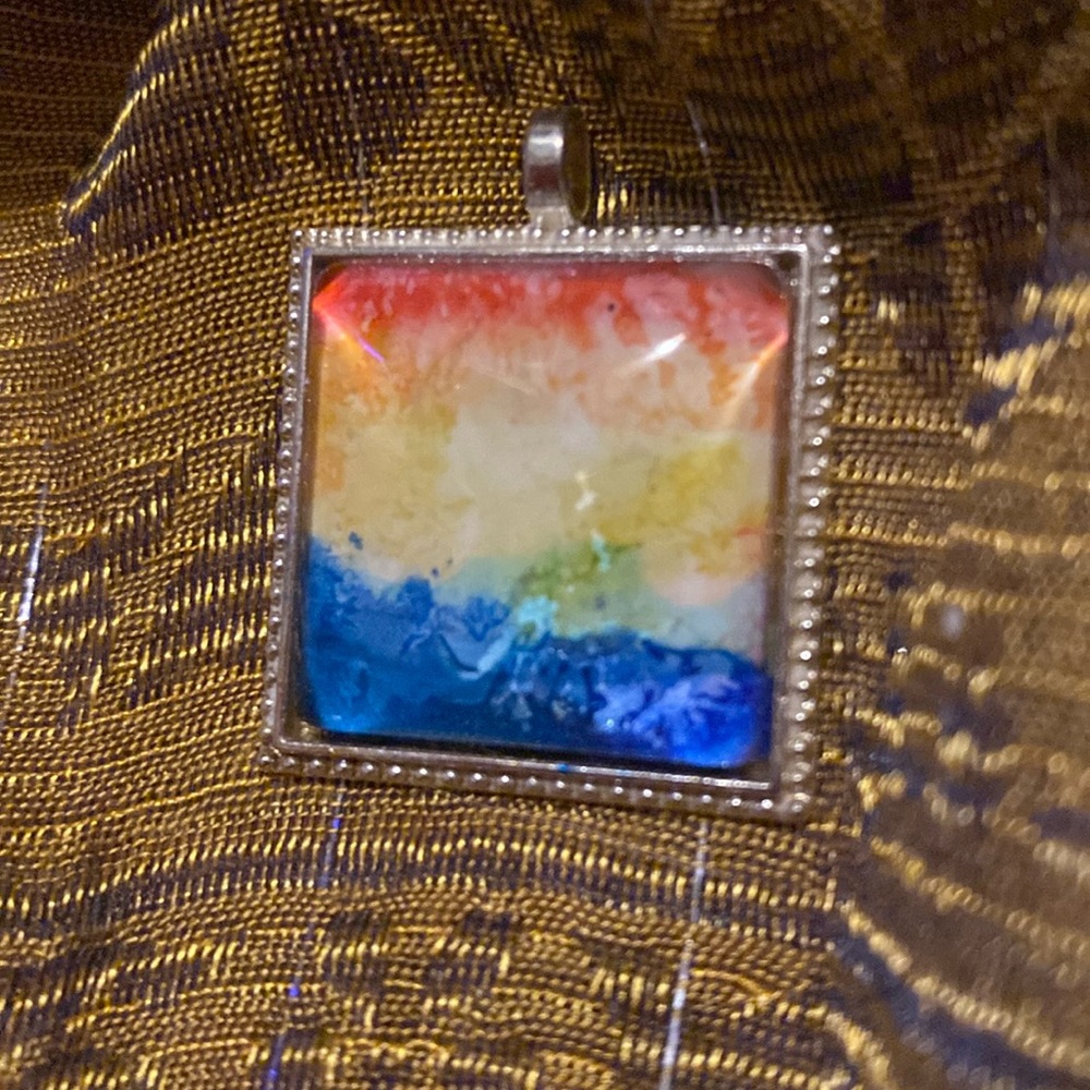 PRIDE COLLECTION alcohol ink Pendant Art in silvertone & covered w domed Glass